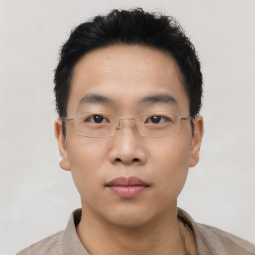 Neutral asian young-adult male with short  black hair and brown eyes