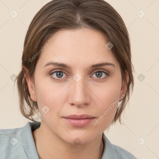 Neutral white young-adult female with medium  brown hair and grey eyes