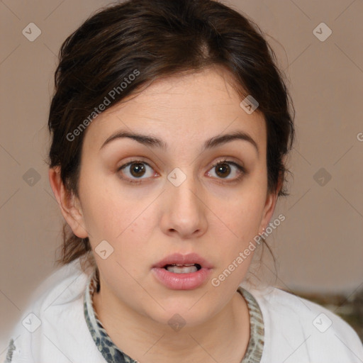 Neutral white young-adult female with medium  brown hair and brown eyes