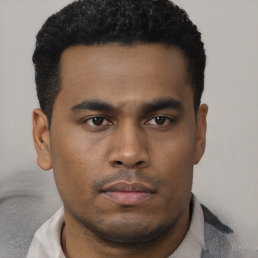 Neutral black young-adult male with short  black hair and brown eyes