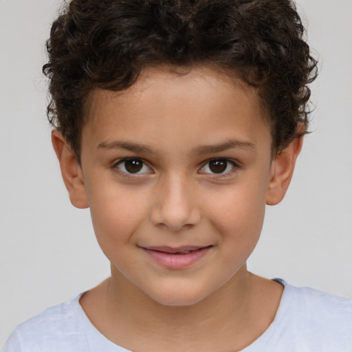 Joyful white child female with short  brown hair and brown eyes