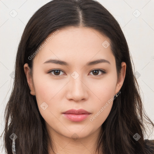 Neutral asian young-adult female with long  brown hair and brown eyes