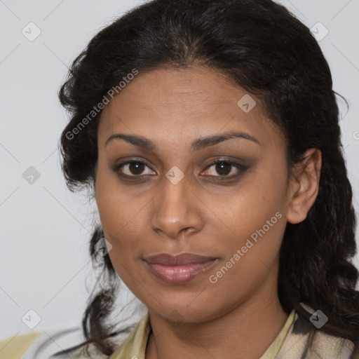 Joyful latino young-adult female with long  brown hair and brown eyes