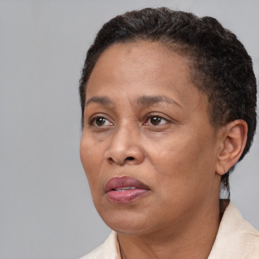 Joyful black adult female with short  brown hair and brown eyes