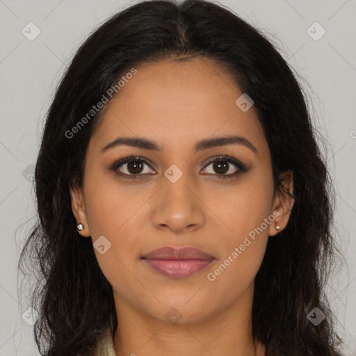 Joyful latino young-adult female with long  brown hair and brown eyes