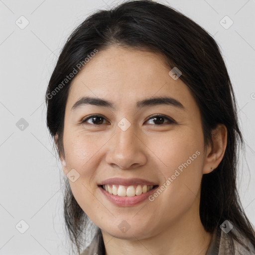 Joyful white young-adult female with medium  brown hair and brown eyes