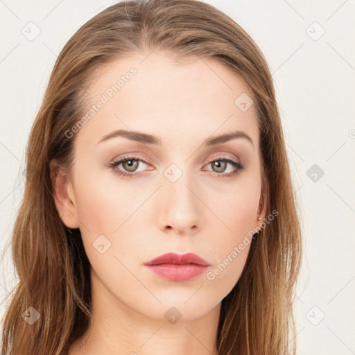 Neutral white young-adult female with long  brown hair and blue eyes