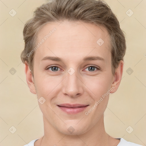 Joyful white young-adult female with short  brown hair and grey eyes