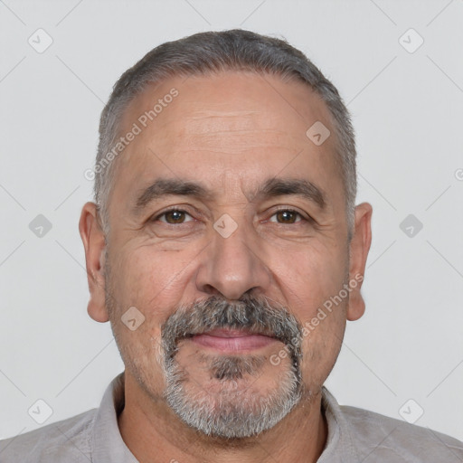 Neutral white middle-aged male with short  gray hair and brown eyes