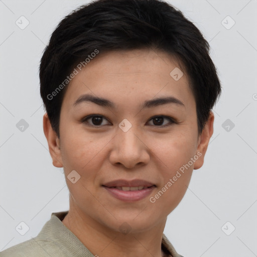 Joyful asian young-adult female with short  brown hair and brown eyes