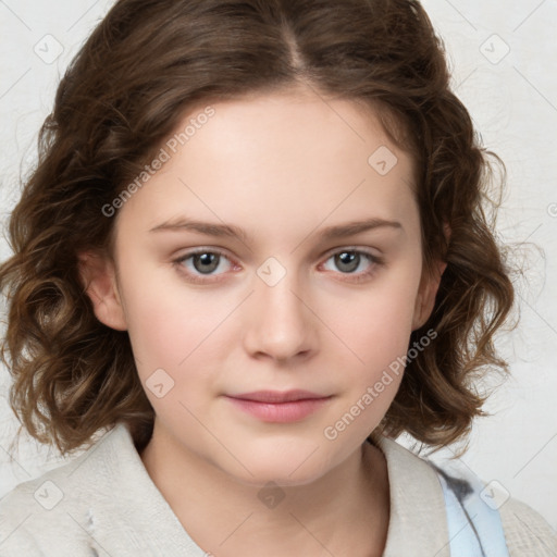 Joyful white child female with medium  brown hair and brown eyes