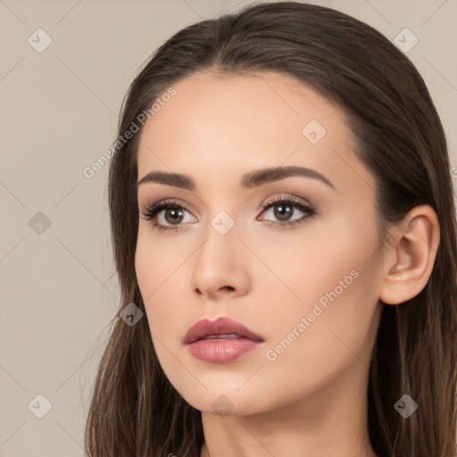 Neutral white young-adult female with long  brown hair and brown eyes