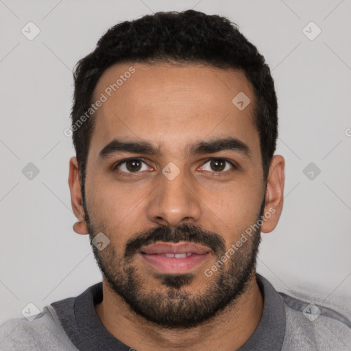 Neutral white young-adult male with short  black hair and brown eyes