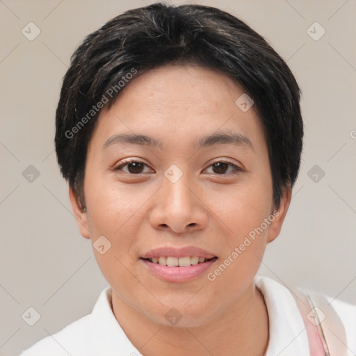 Joyful asian young-adult female with short  black hair and brown eyes