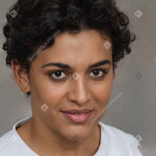 Joyful latino young-adult female with short  brown hair and brown eyes