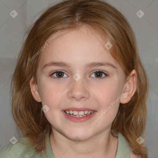 Joyful white child female with medium  brown hair and brown eyes