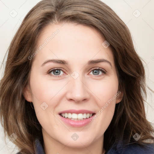 Joyful white young-adult female with medium  brown hair and blue eyes