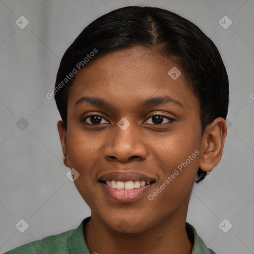 Joyful black young-adult female with short  brown hair and brown eyes