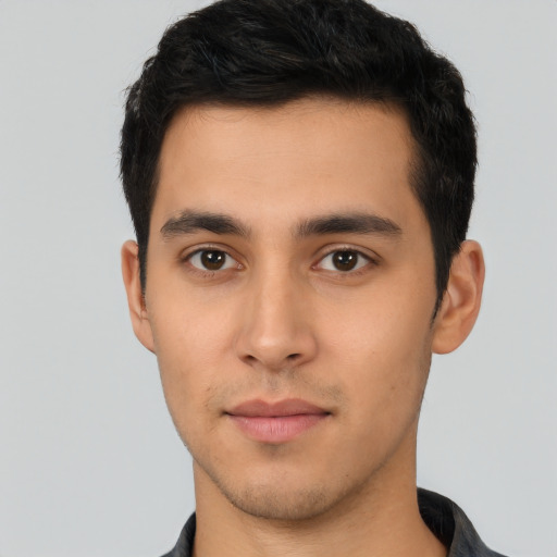 Neutral latino young-adult male with short  brown hair and brown eyes