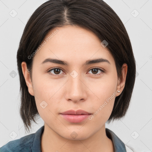 Neutral white young-adult female with medium  brown hair and brown eyes