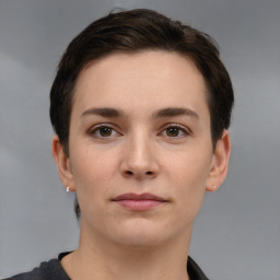 Neutral white young-adult female with short  brown hair and brown eyes