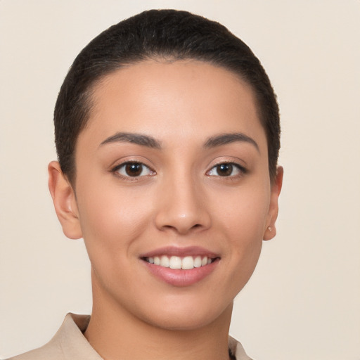 Joyful white young-adult female with short  brown hair and brown eyes