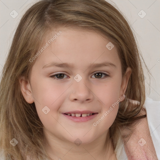 Joyful white child female with medium  brown hair and brown eyes