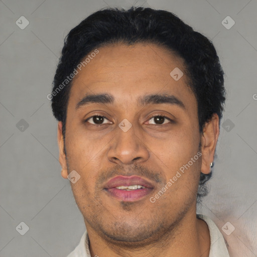 Neutral latino young-adult male with short  black hair and brown eyes