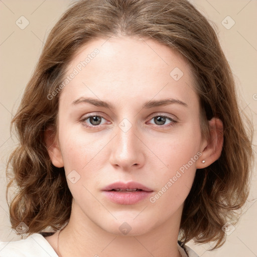 Neutral white young-adult female with medium  brown hair and grey eyes