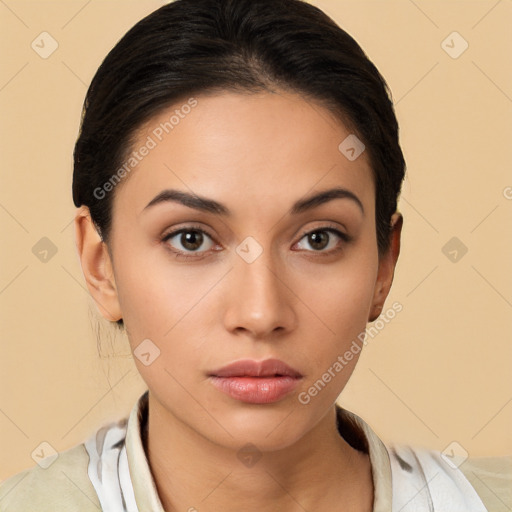 Neutral white young-adult female with short  brown hair and brown eyes