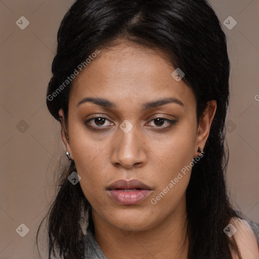 Neutral asian young-adult female with long  black hair and brown eyes