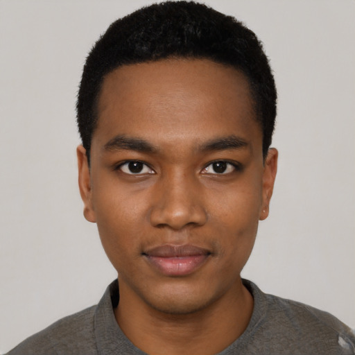 Neutral black young-adult male with short  black hair and brown eyes