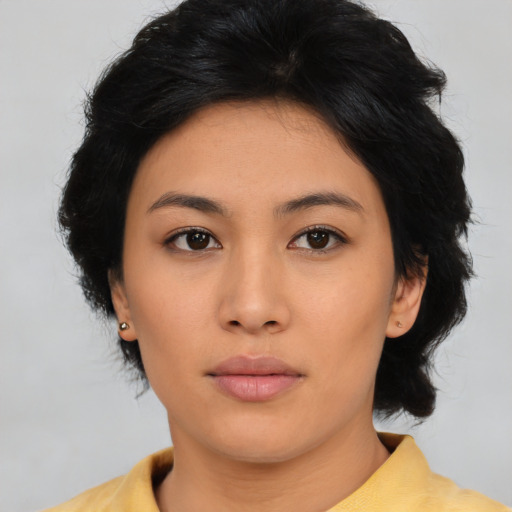 Neutral asian young-adult female with medium  brown hair and brown eyes