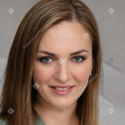 Joyful white young-adult female with long  brown hair and green eyes