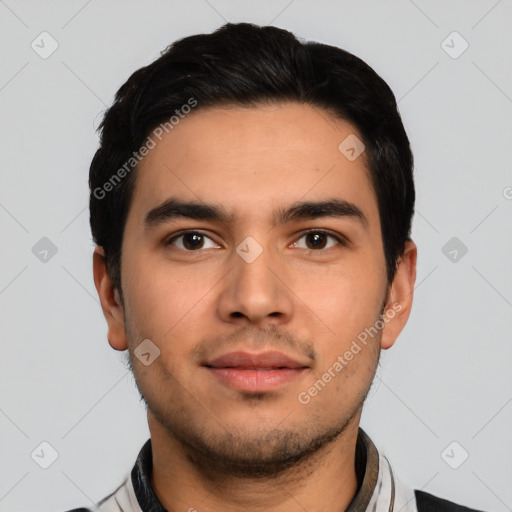 Neutral latino young-adult male with short  black hair and brown eyes