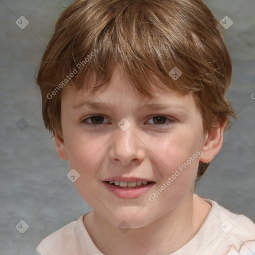 Joyful white child female with short  brown hair and brown eyes