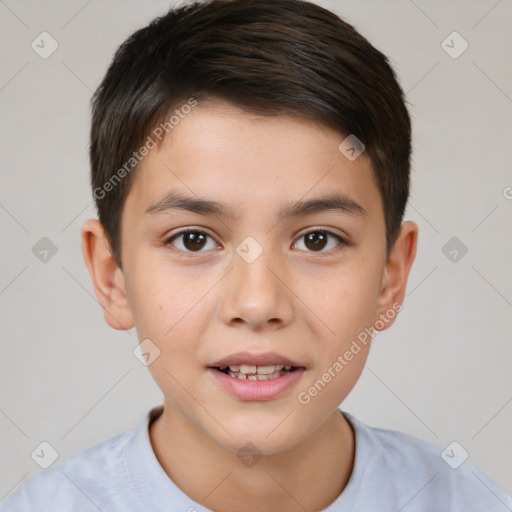 Joyful white child male with short  brown hair and brown eyes