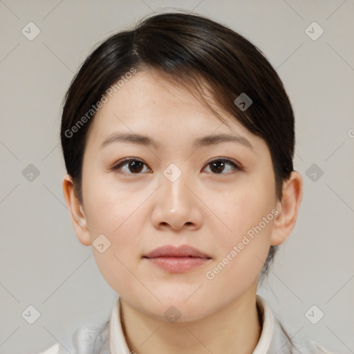 Neutral white young-adult female with medium  brown hair and brown eyes