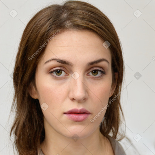 Neutral white young-adult female with medium  brown hair and brown eyes