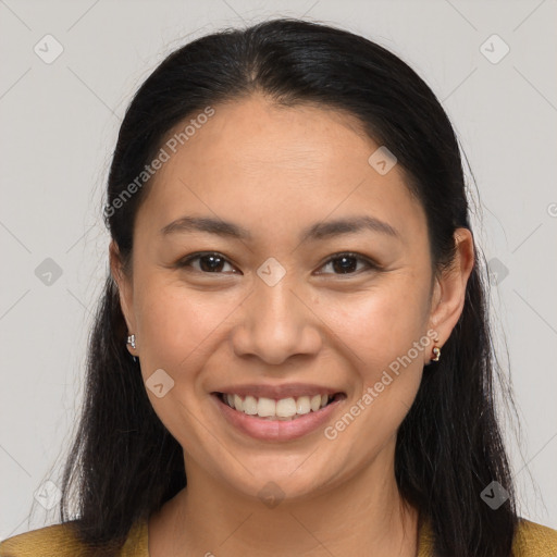 Joyful white young-adult female with medium  brown hair and brown eyes