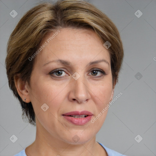 Joyful white adult female with medium  brown hair and brown eyes