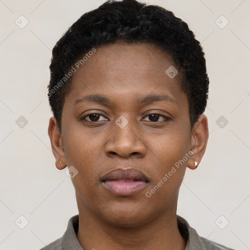 Neutral black young-adult female with short  black hair and brown eyes