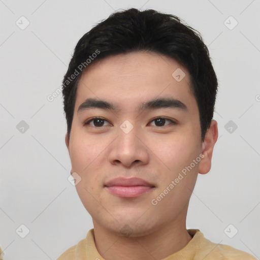 Neutral asian young-adult male with short  black hair and brown eyes