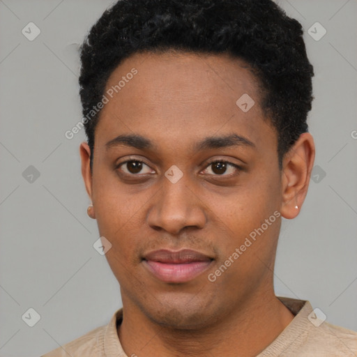 Neutral black young-adult male with short  black hair and brown eyes