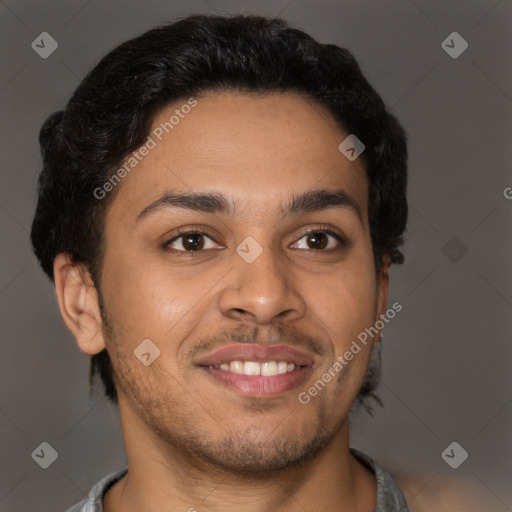 Joyful latino young-adult male with short  brown hair and brown eyes