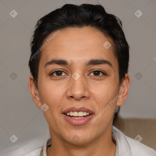 Joyful white young-adult female with short  brown hair and brown eyes