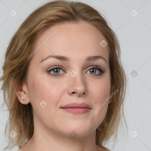 Joyful white young-adult female with medium  brown hair and blue eyes