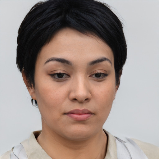 Neutral asian young-adult female with short  brown hair and brown eyes