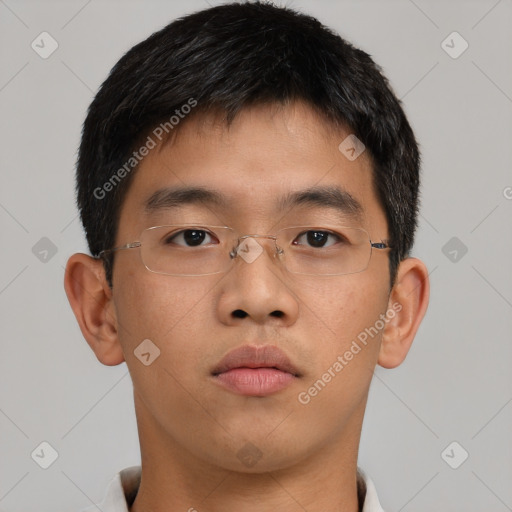 Neutral asian young-adult male with short  brown hair and brown eyes