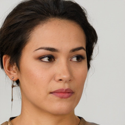 Neutral white young-adult female with short  brown hair and brown eyes